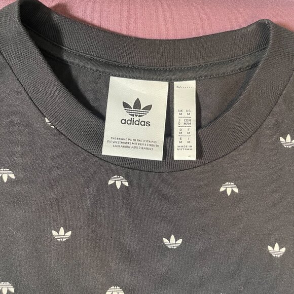 Adidas Black/White Trefoil All Over Print Short Sleeve T-Shirt - Men's Medium - Picture 2 of 5